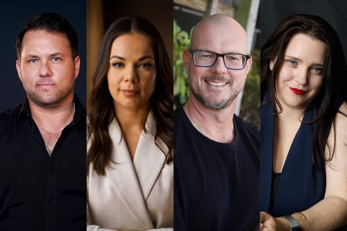 Headshots of Mitch Stanley, Lana Greenhalgh, Jason Behan and Kate Armstrong-Smith, who are among the panellists confirmed for In the Frame: Screen Queensland Practitioners Forum