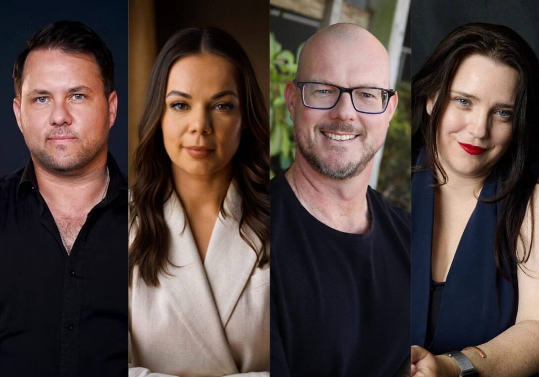 Headshots of Mitch Stanley, Lana Greenhalgh, Jason Behan and Kate Armstrong-Smith, who are among the panellists confirmed for In the Frame: Screen Queensland Practitioners Forum