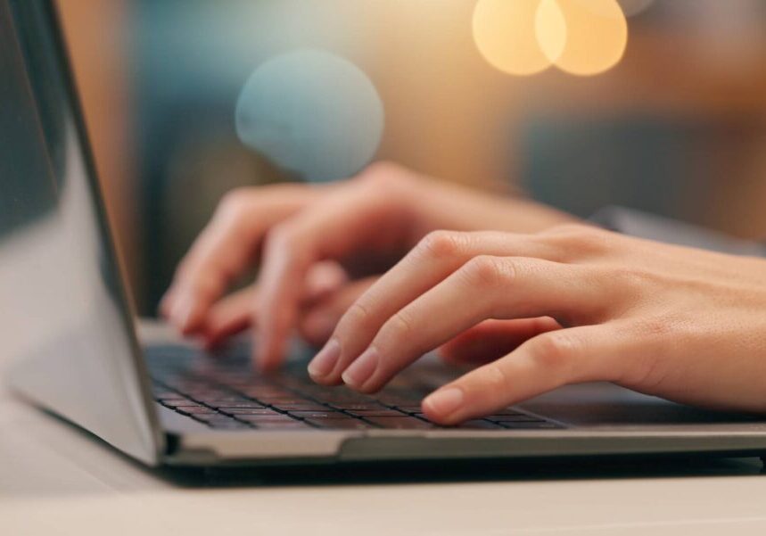 Person,,Hands,And,Typing,On,Laptop,In,Office,For,Email,